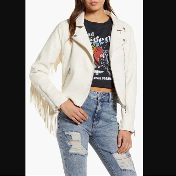 VIGOSS SZ XL Women's Faux Leather Western Style Fringed Moto Jacket in White - Picture 1 of 13